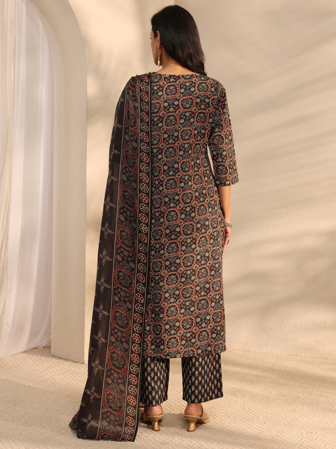 Black Ajrak Printed Cotton Blend Straight Suit Set With Dupatta