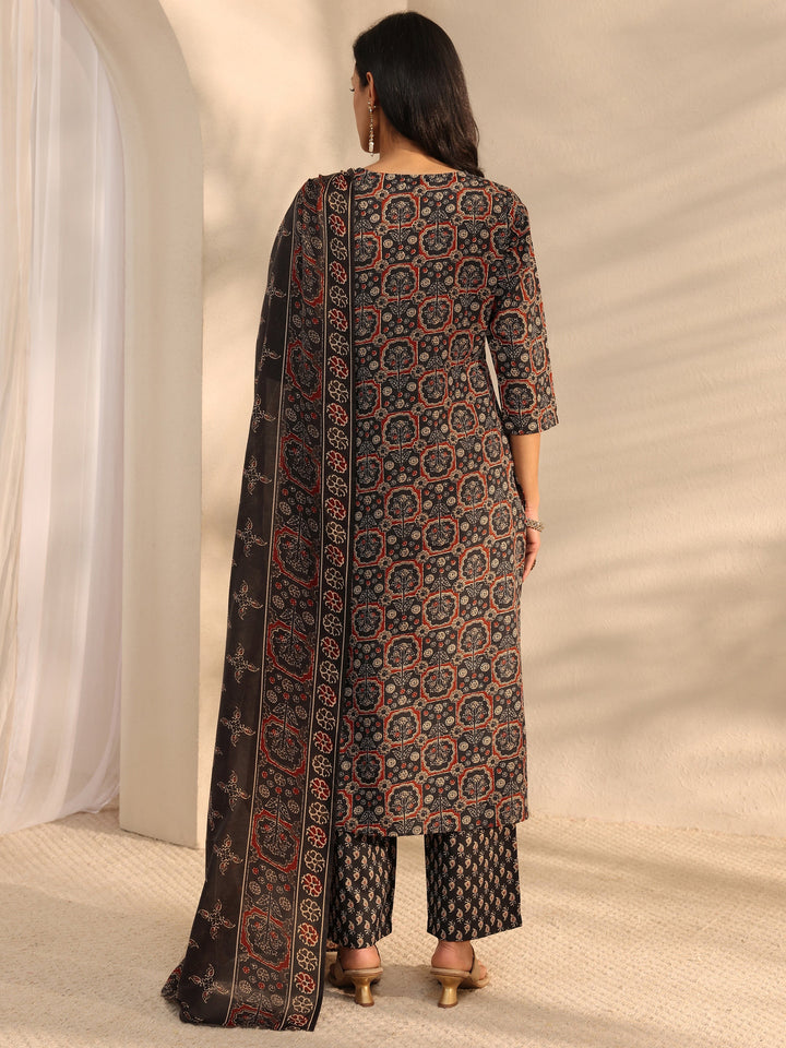 Black Ajrak Printed Cotton Blend Straight Suit Set With Dupatta