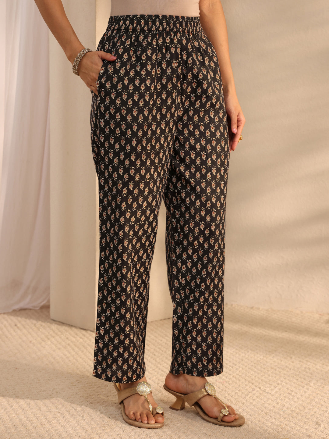Black Ajrak Printed Cotton Blend Straight Suit Set With Dupatta
