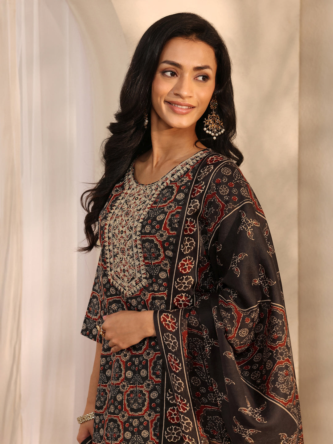 Buy Gerua Black Ajrak Printed Cotton Blend Straight Suit Set With Dupatta Online in USA at $17.00