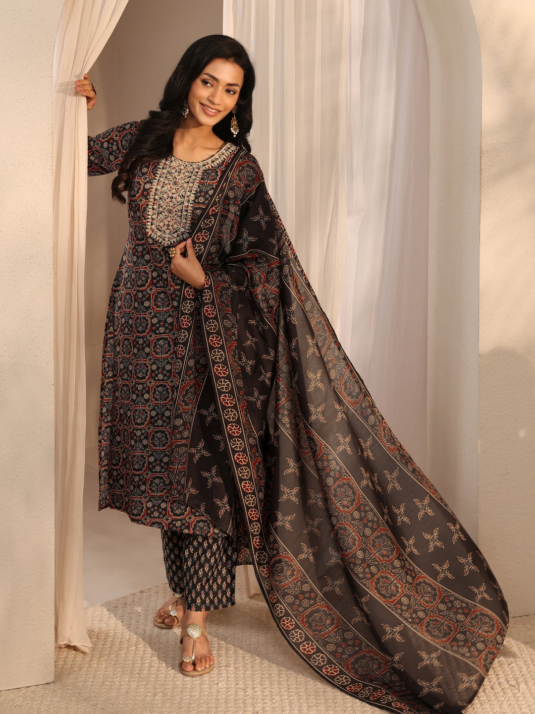 Buy Gerua Black Ajrak Printed Cotton Blend Straight Suit Set With Dupatta Online in Canada at $17.00