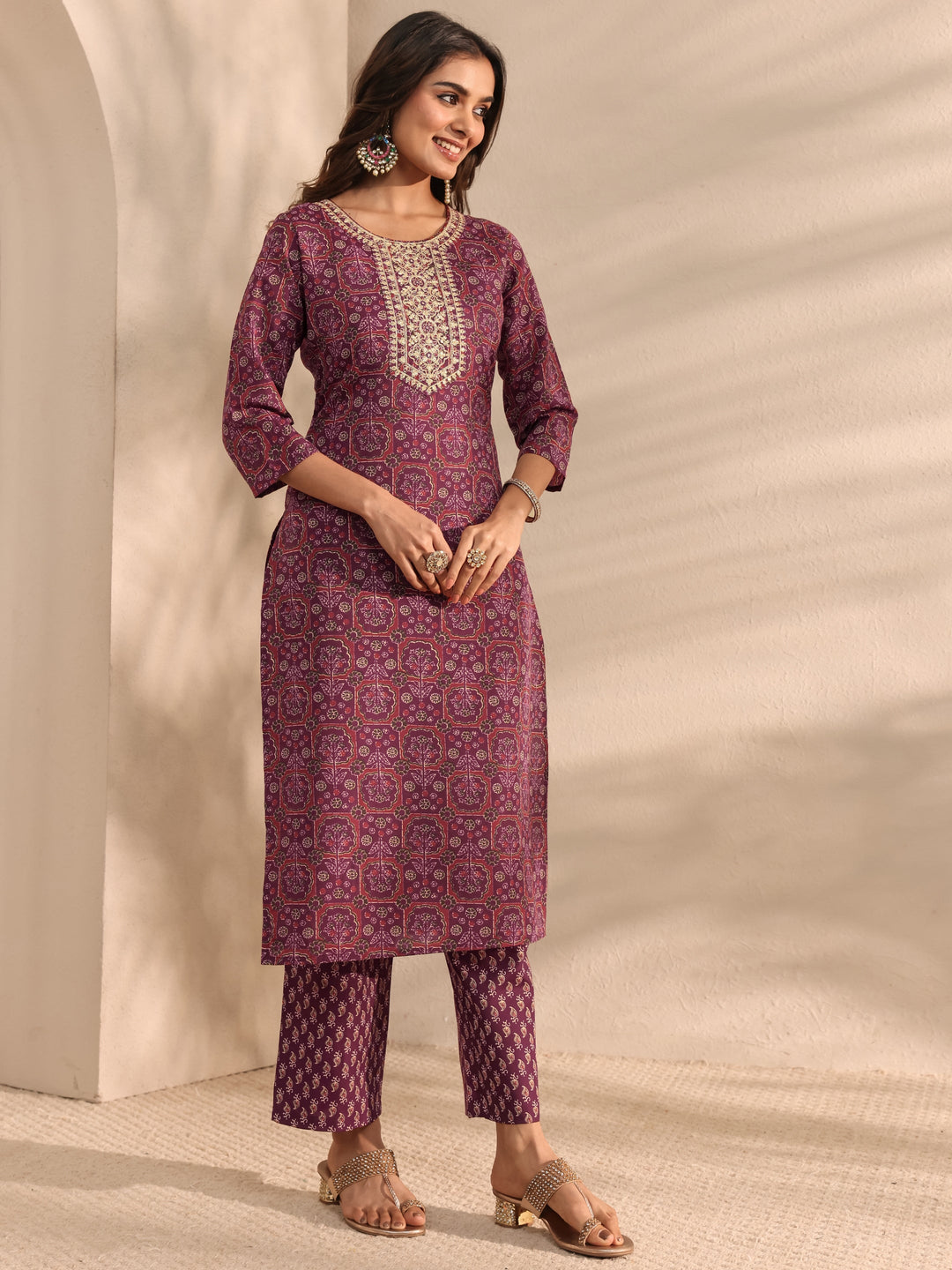 Burgundy Ajrak Printed Cotton Blend Straight Suit Set With Dupatta