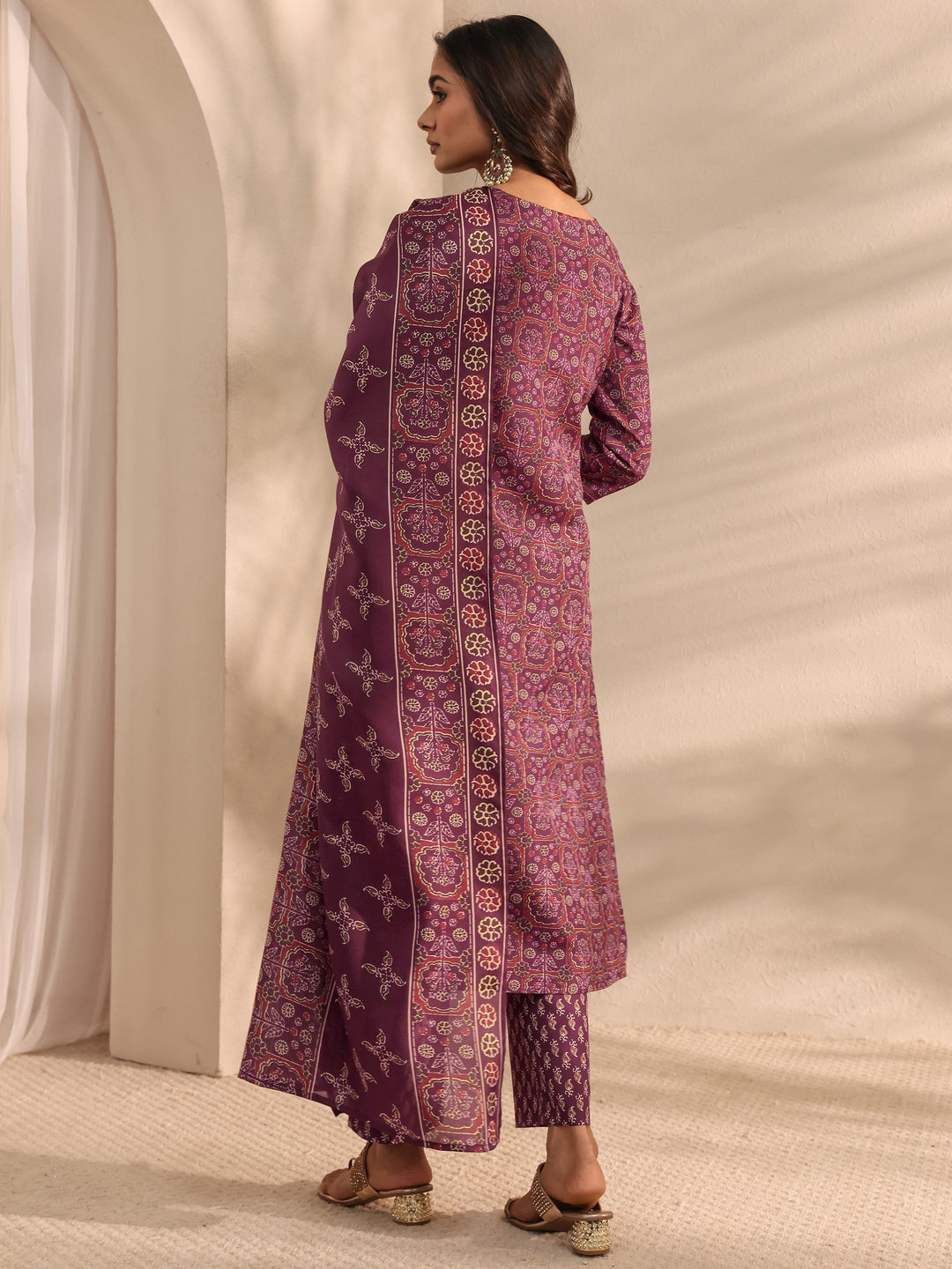Burgundy Ajrak Printed Cotton Blend Straight Suit Set With Dupatta