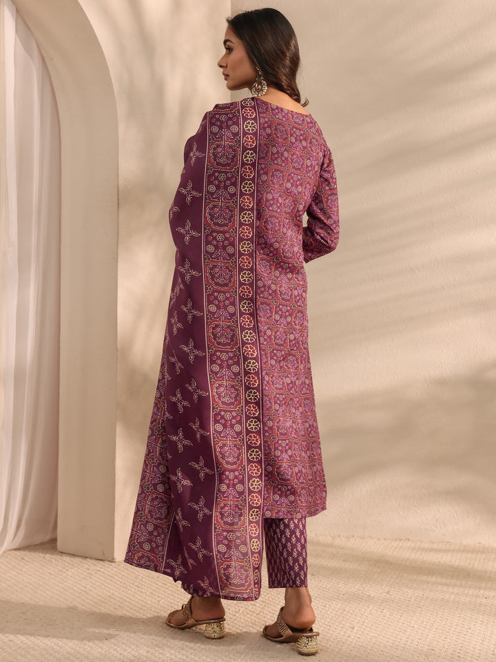 Burgundy Ajrak Printed Cotton Blend Straight Suit Set With Dupatta