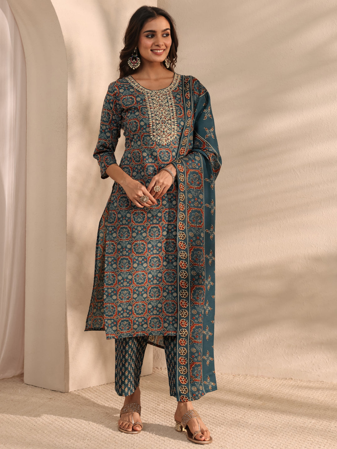 Teal Ajrak Printed Cotton Blend Straight Suit Set With Dupatta
