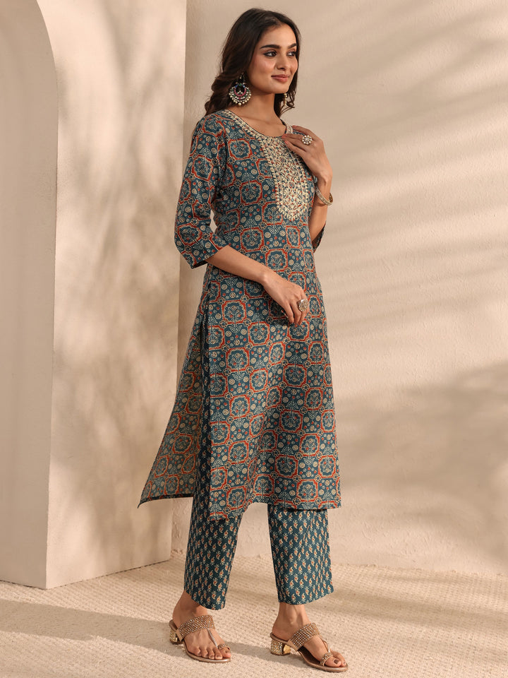 Teal Ajrak Printed Cotton Blend Straight Suit Set With Dupatta