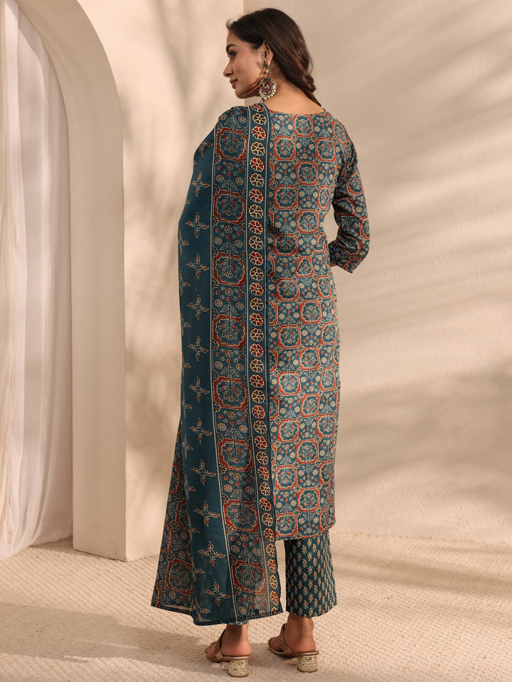 Teal Ajrak Printed Cotton Blend Straight Suit Set With Dupatta