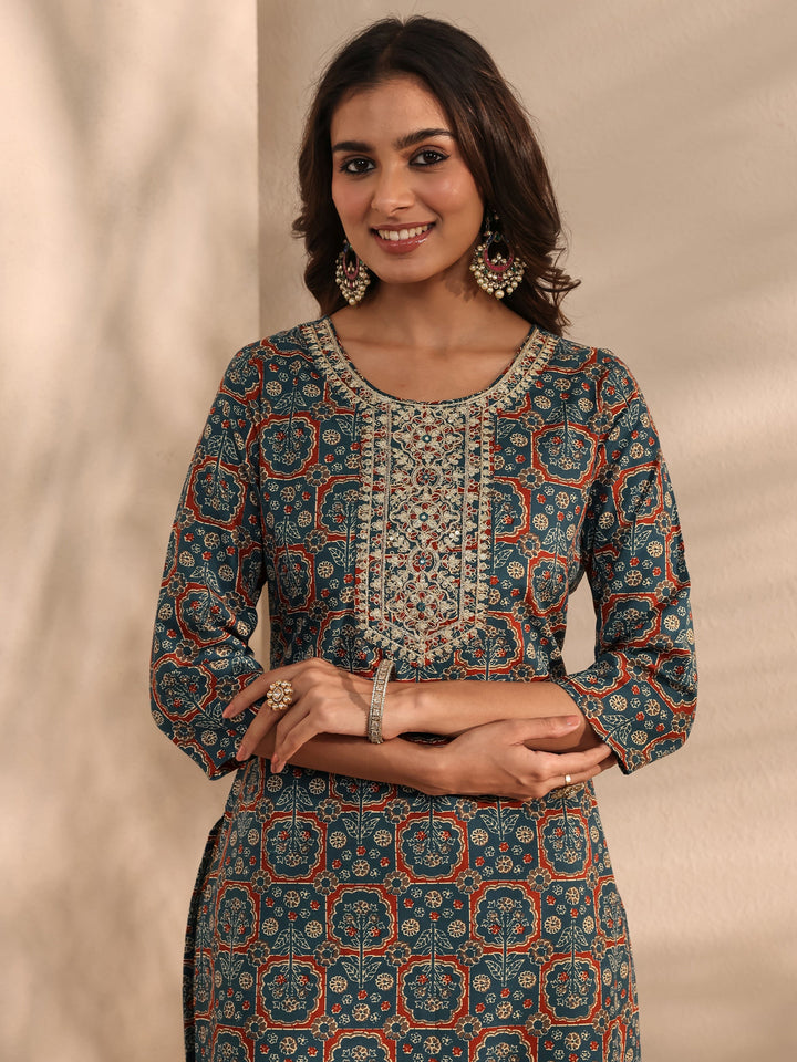 Teal Ajrak Printed Cotton Blend Straight Suit Set With Dupatta