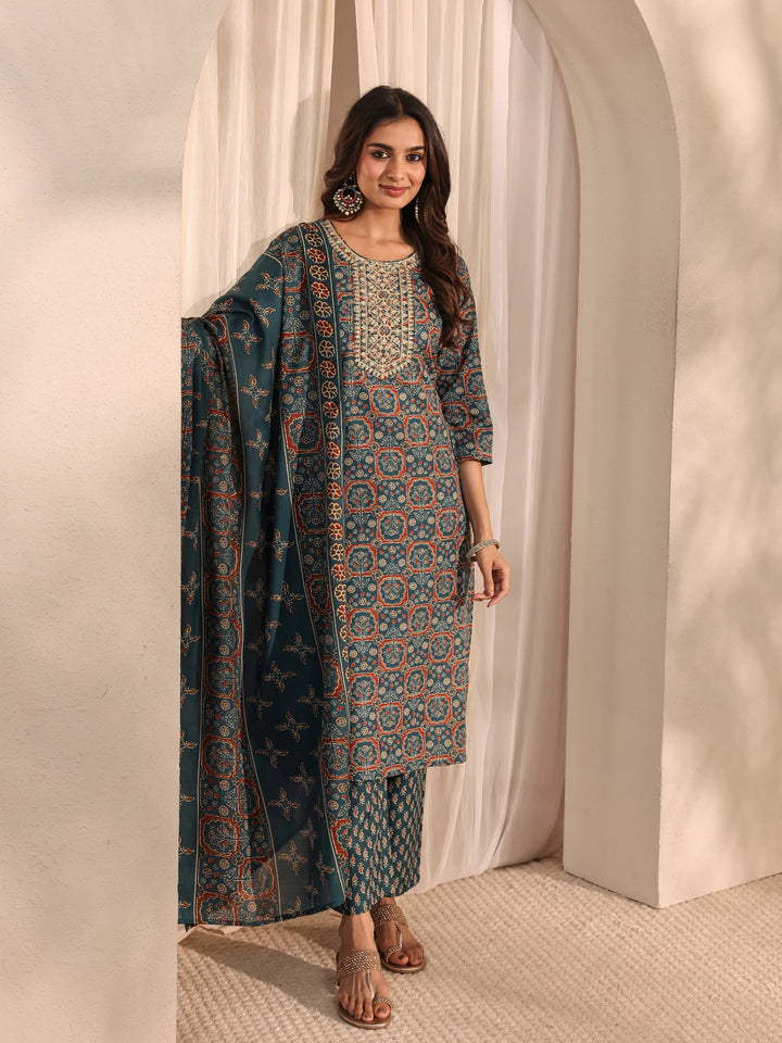 Teal Ajrak Printed Cotton Blend Straight Suit Set With Dupatta