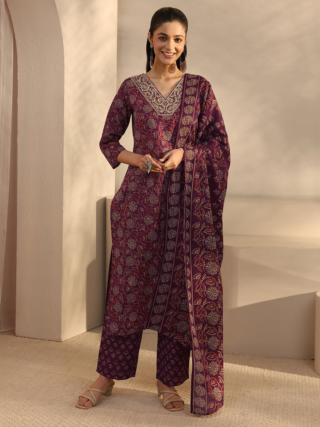 Maroon Floral Printed Cotton Blend Straight Suits Set With Dupatta