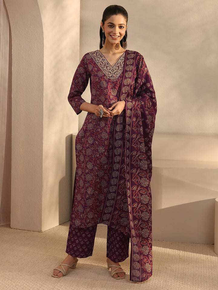 Maroon Floral Printed Cotton Blend Straight Suits Set With Dupatta
