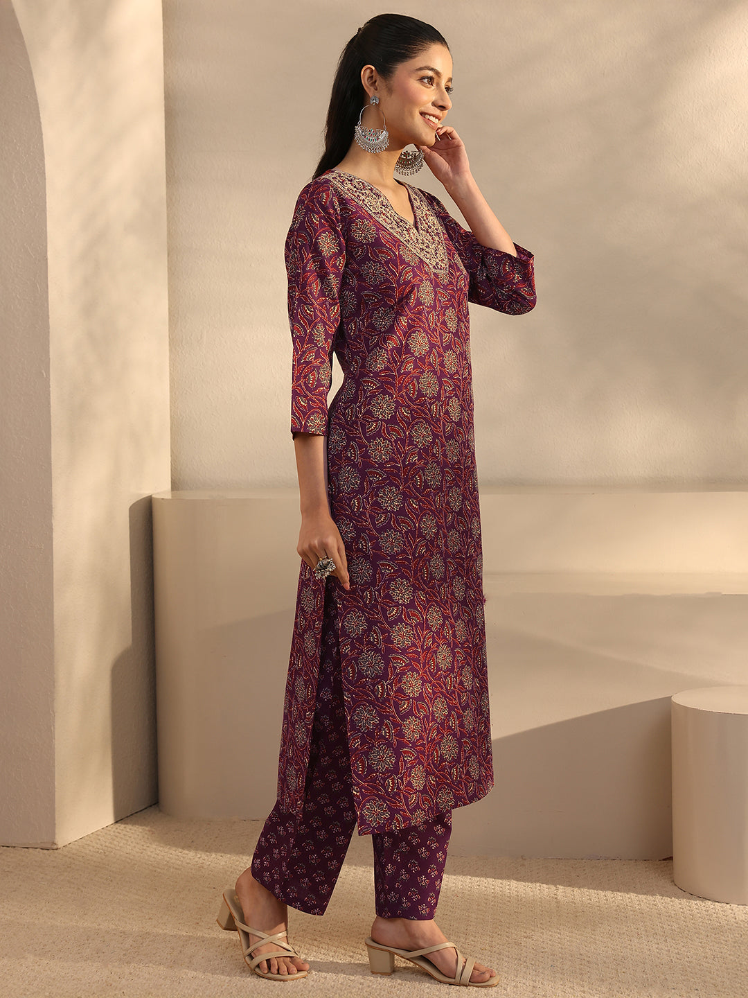 Maroon Floral Printed Cotton Blend Straight Suits Set With Dupatta
