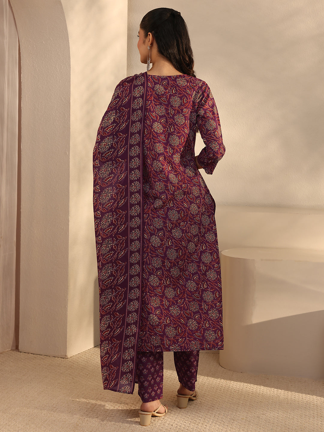 Maroon Floral Printed Cotton Blend Straight Suits Set With Dupatta