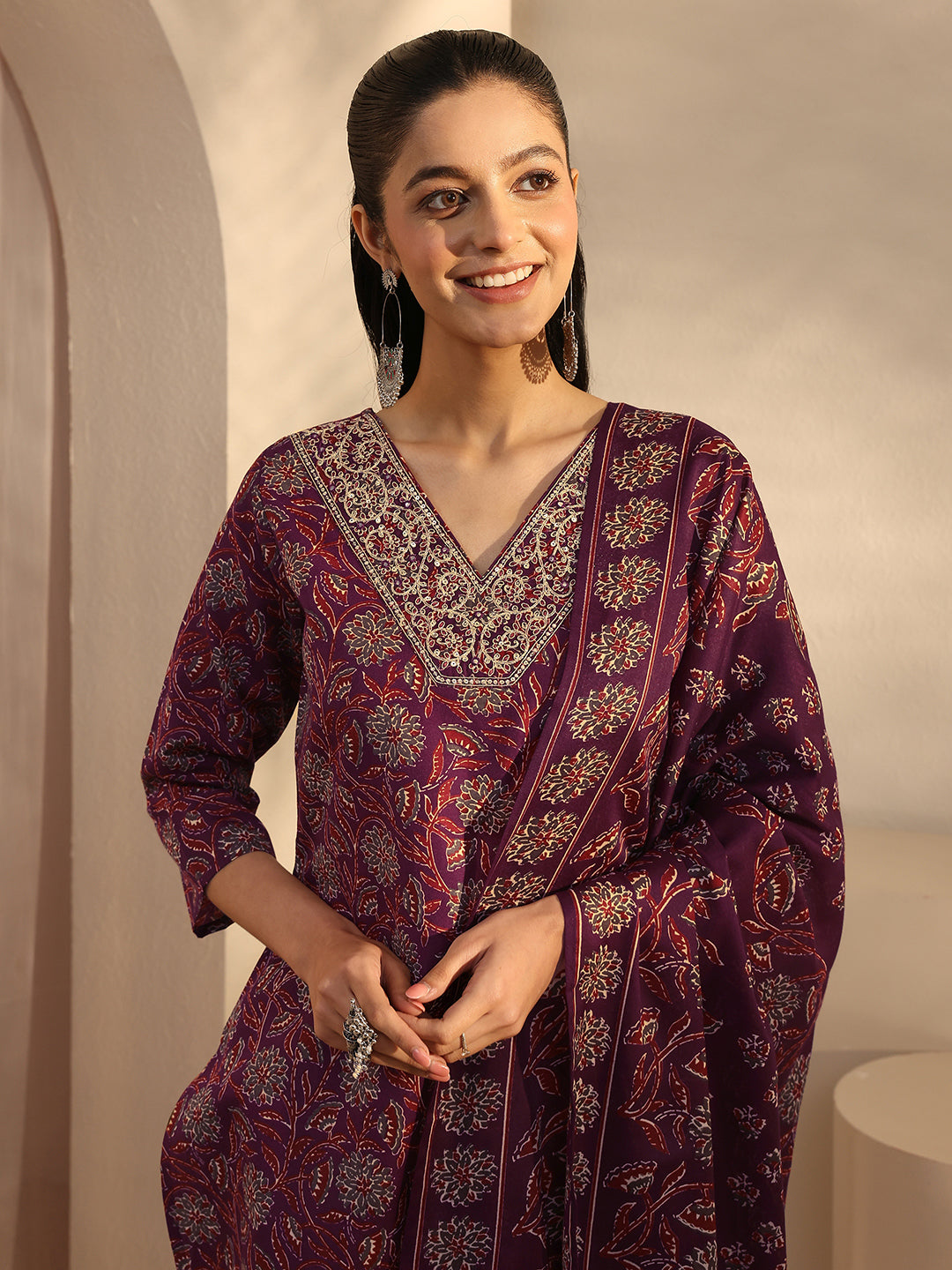 Maroon Floral Printed Cotton Blend Straight Suits Set With Dupatta