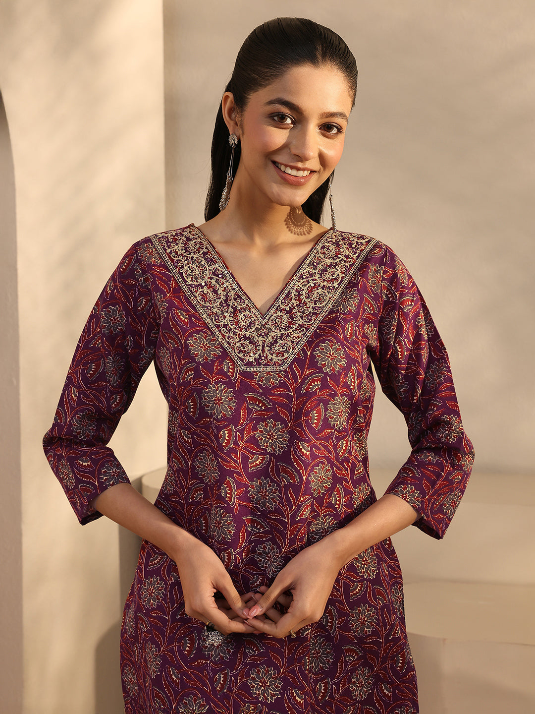 Maroon Floral Printed Cotton Blend Straight Suits Set With Dupatta