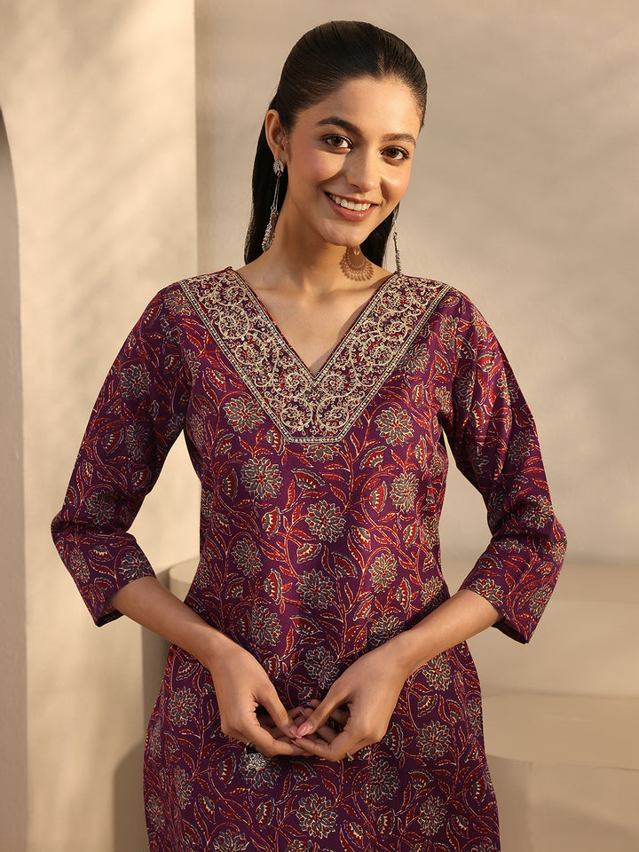 Maroon Floral Printed Cotton Blend Straight Suits Set With Dupatta