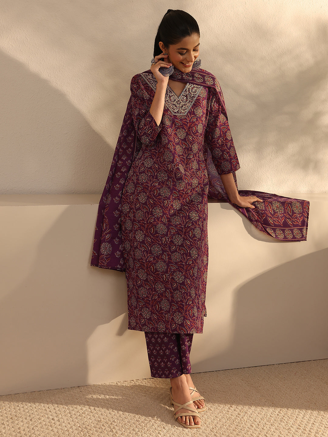 Maroon Floral Printed Cotton Blend Straight Suits Set With Dupatta