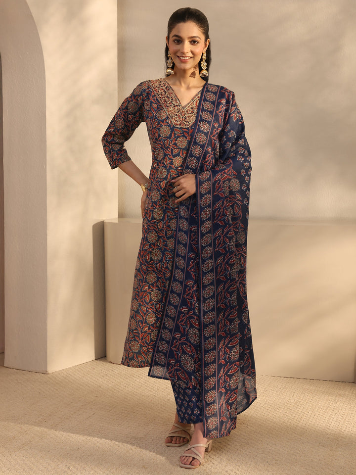 Blue Floral Printed Cotton Blend Straight Suits Set With Dupatta