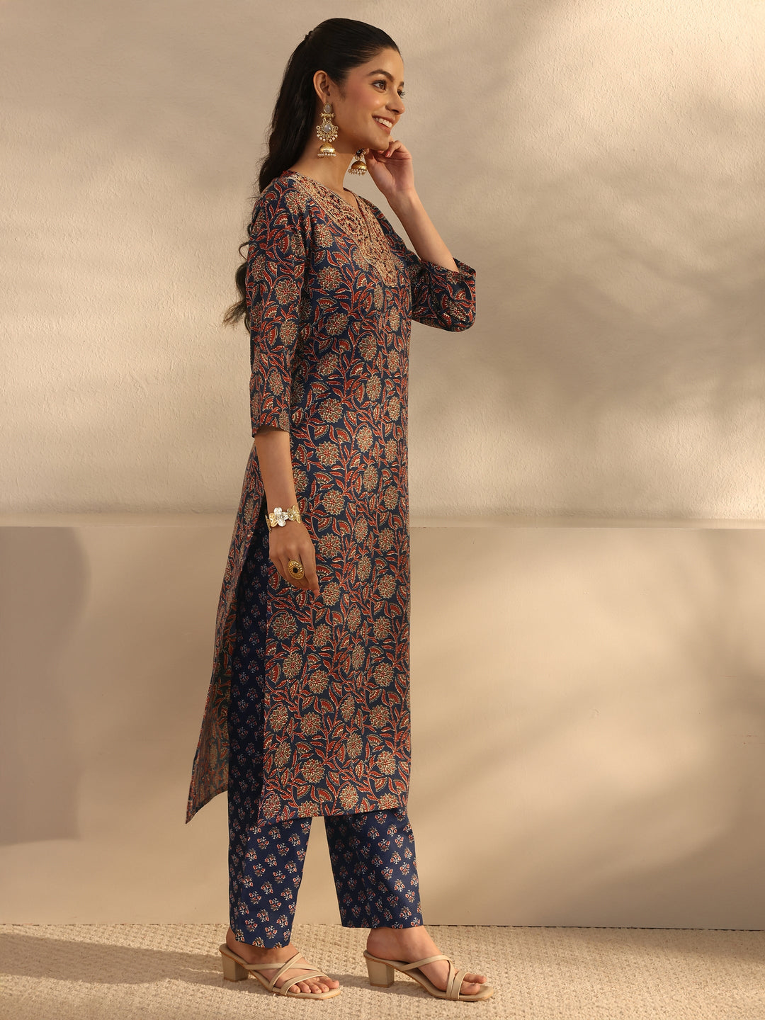 Blue Floral Printed Cotton Blend Straight Suits Set With Dupatta