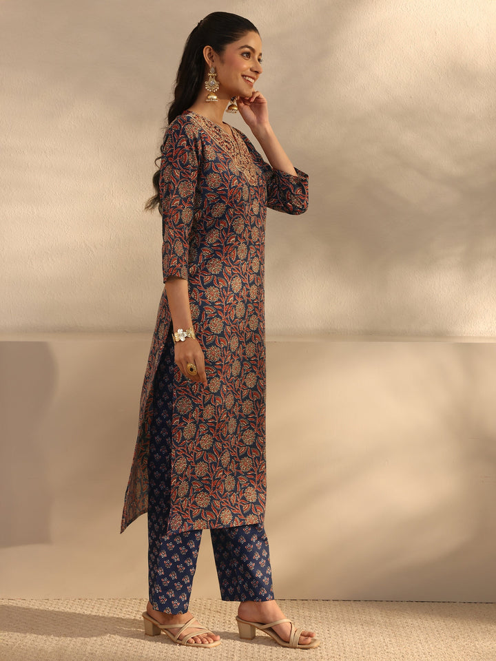 Blue Floral Printed Cotton Blend Straight Suits Set With Dupatta
