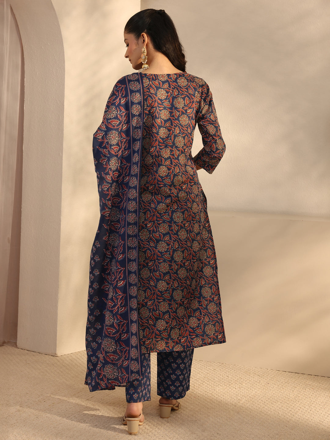Blue Floral Printed Cotton Blend Straight Suits Set With Dupatta