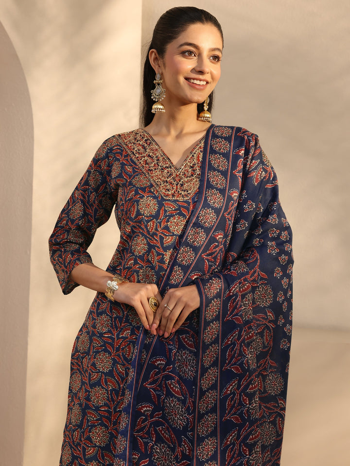 Blue Floral Printed Cotton Blend Straight Suits Set With Dupatta