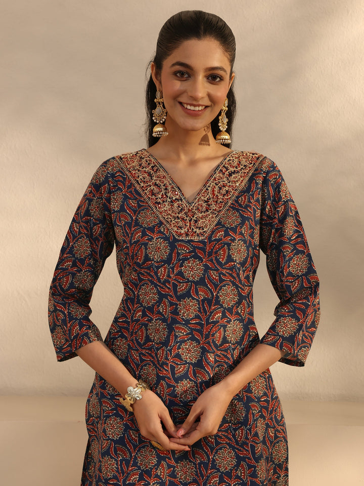 Blue Floral Printed Cotton Blend Straight Suits Set With Dupatta