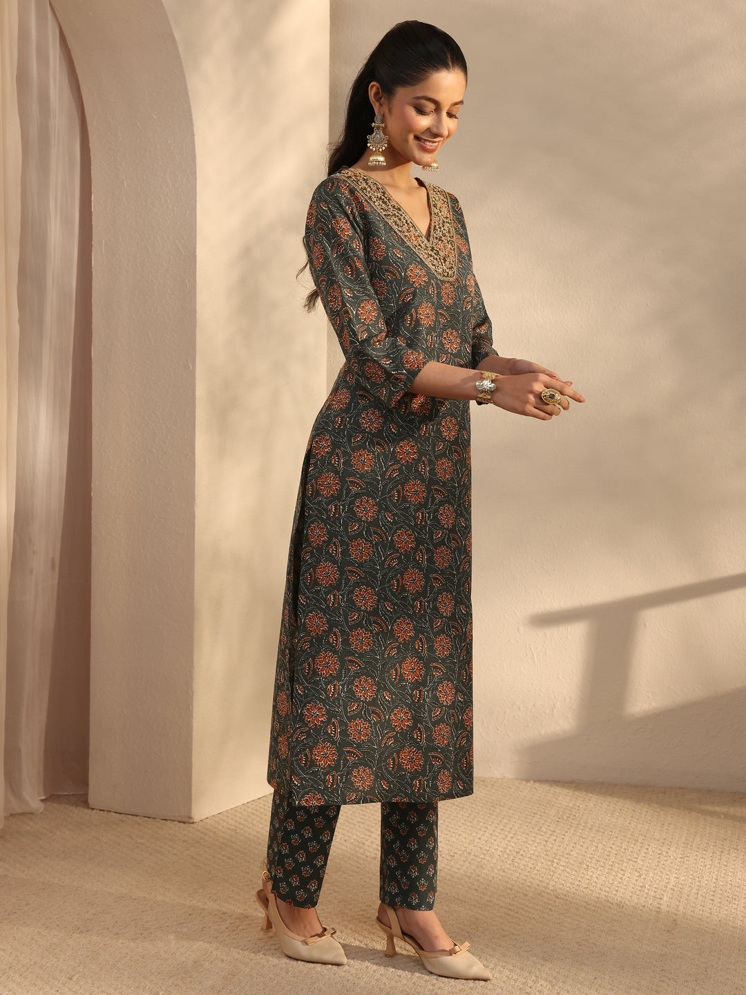 Green Floral Printed Cotton Blend Straight Suits Set With Dupatta
