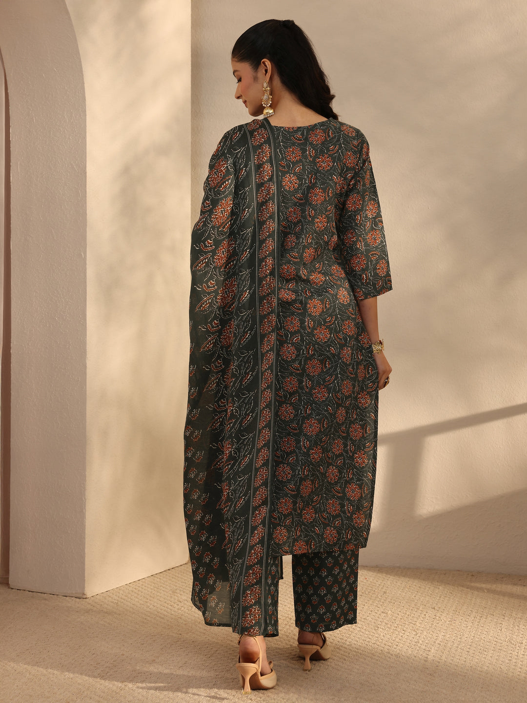 Green Floral Printed Cotton Blend Straight Suits Set With Dupatta