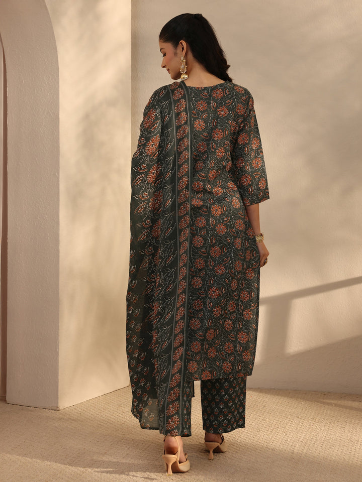Green Floral Printed Cotton Blend Straight Suits Set With Dupatta