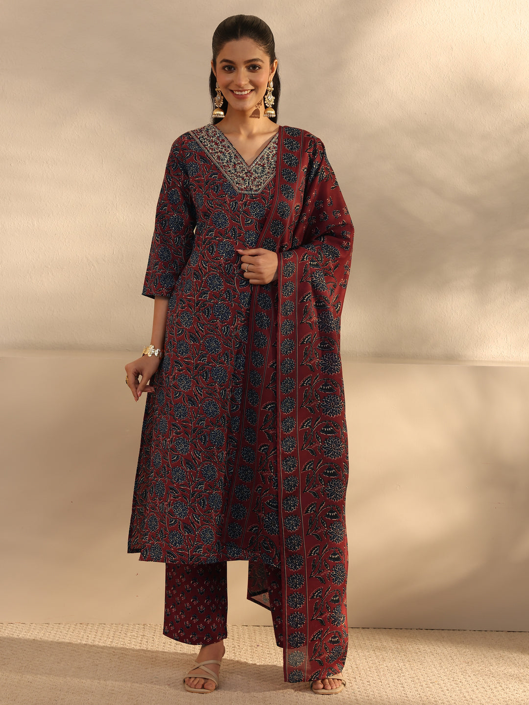 Burgundy Floral Printed Cotton Blend Straight Suits Set With Dupatta