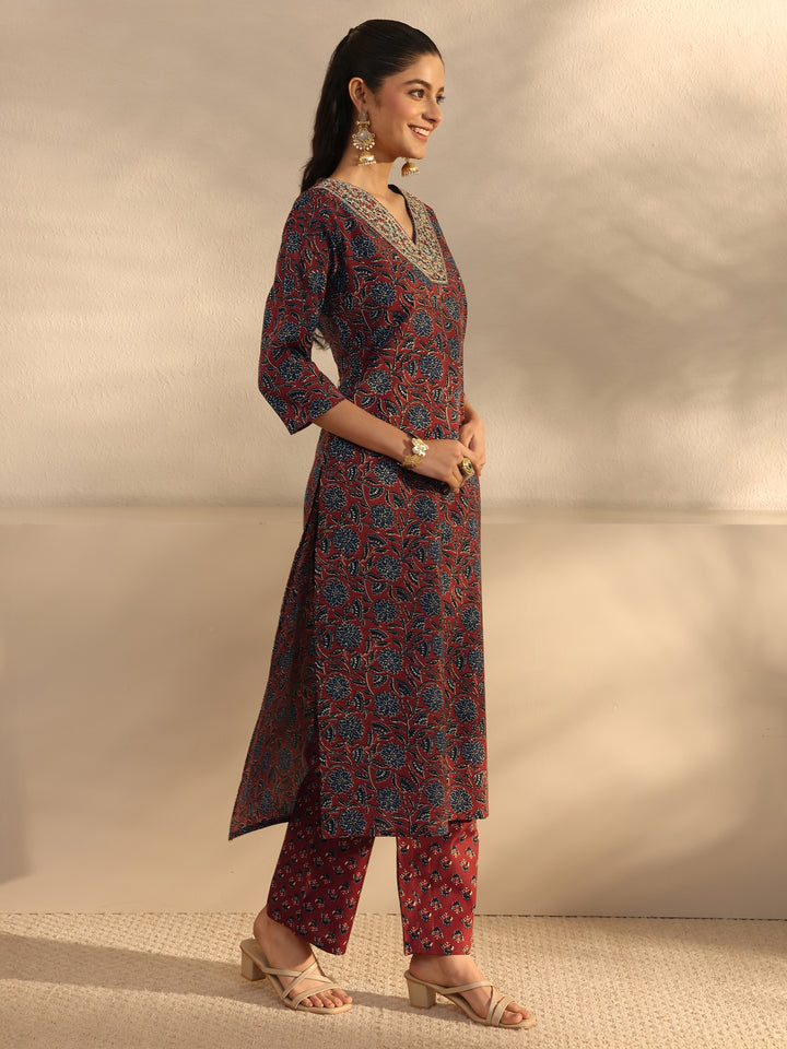 Burgundy Floral Printed Cotton Blend Straight Suits Set With Dupatta