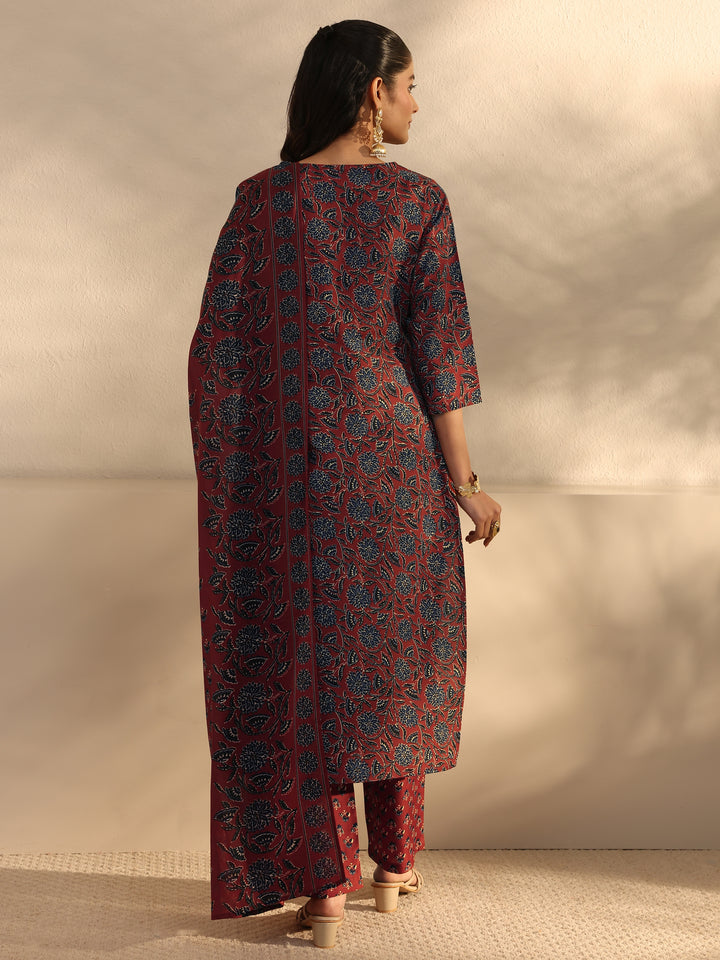 Burgundy Floral Printed Cotton Blend Straight Suits Set With Dupatta