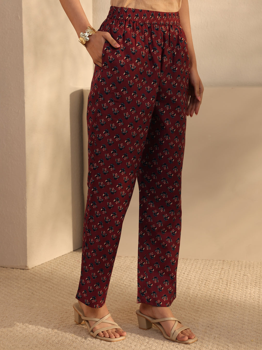 Burgundy Floral Printed Cotton Blend Straight Suits Set With Dupatta