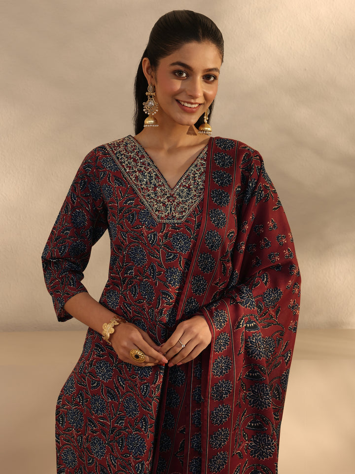 Burgundy Floral Printed Cotton Blend Straight Suits Set With Dupatta