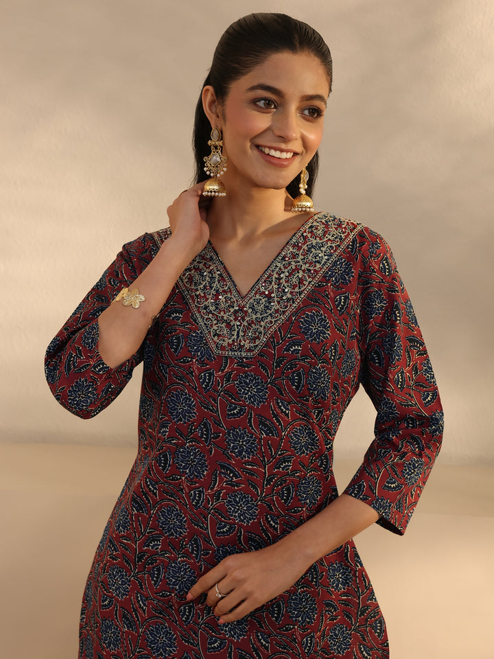 Burgundy Floral Printed Cotton Blend Straight Suits Set With Dupatta