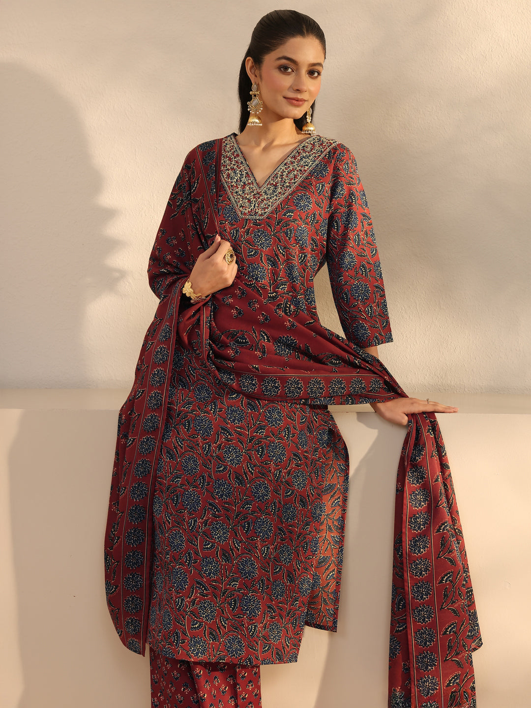 Burgundy Floral Printed Cotton Blend Straight Suits Set With Dupatta