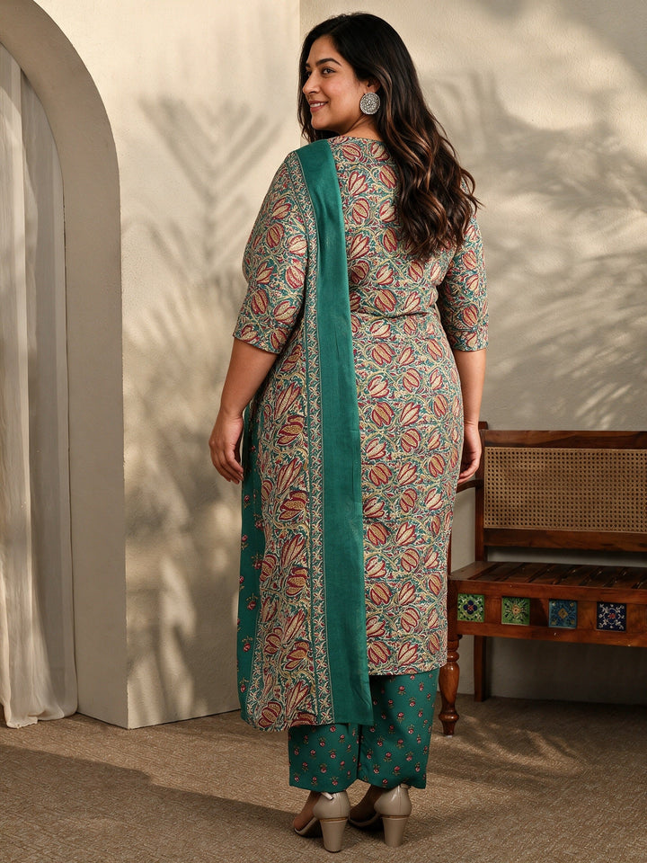 Plus Size Blue Printed Cotton Blend Straight Suit Set With Dupatta