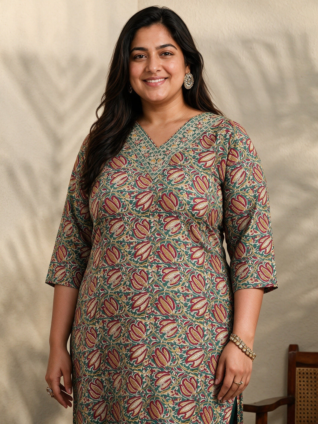 Plus Size Blue Printed Cotton Blend Straight Suit Set With Dupatta