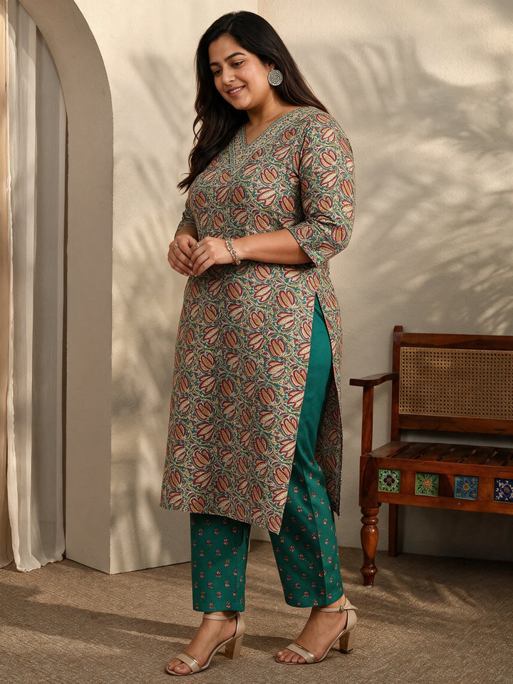 Plus Size Blue Printed Cotton Blend Straight Suit Set With Dupatta