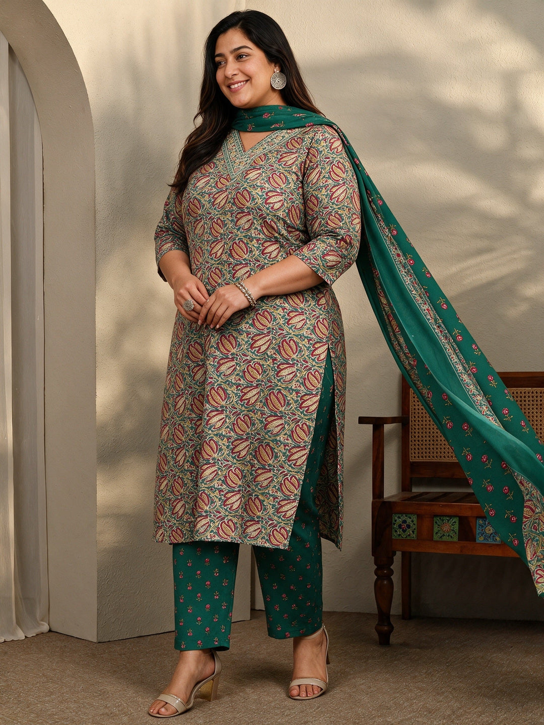 Plus Size Blue Printed Cotton Blend Straight Suit Set With Dupatta