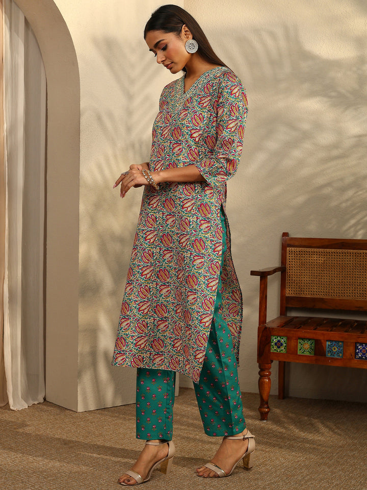 Blue Printed Cotton Blend Straight Suit Set With Dupatta