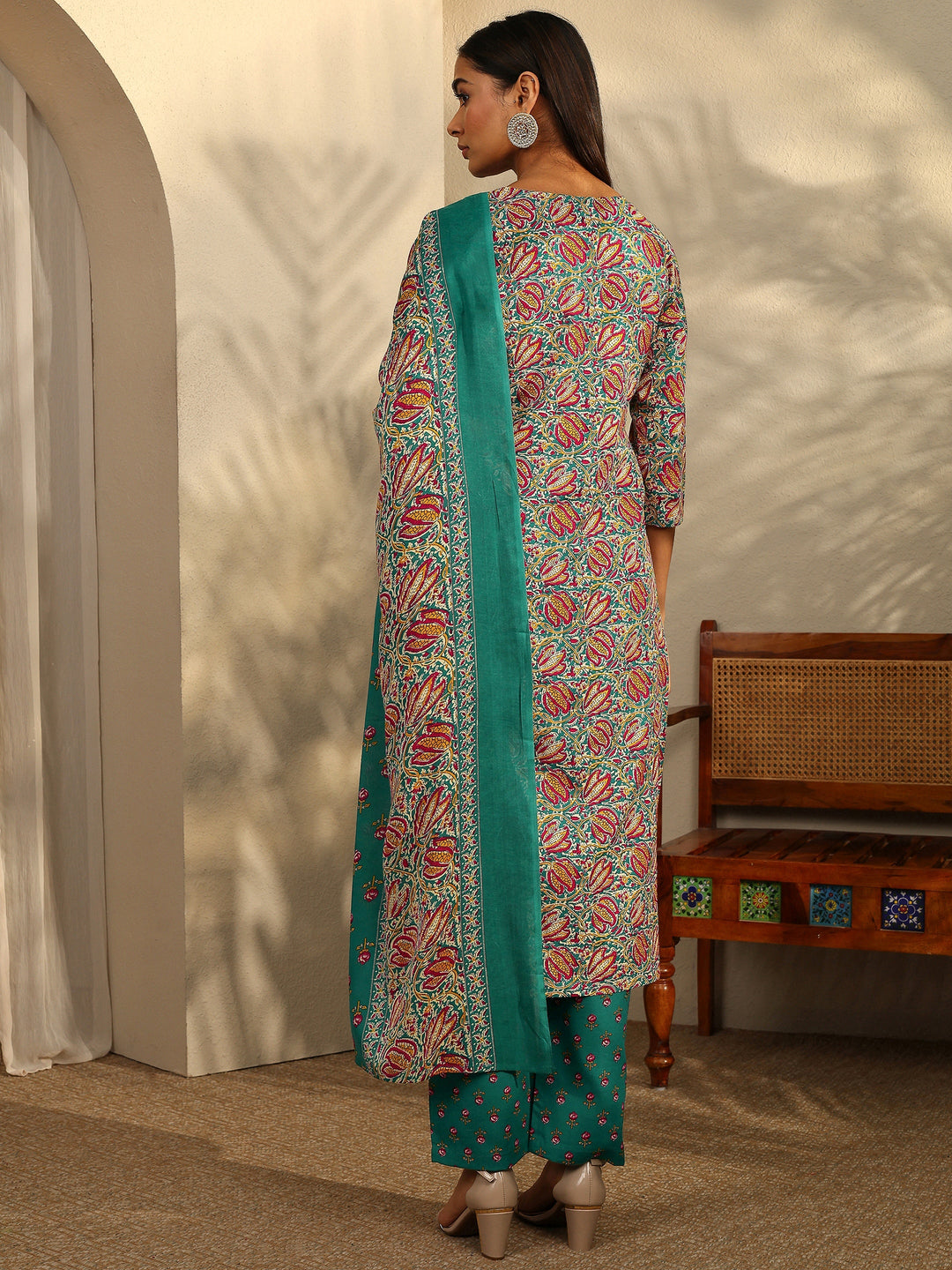 Blue Printed Cotton Blend Straight Suit Set With Dupatta