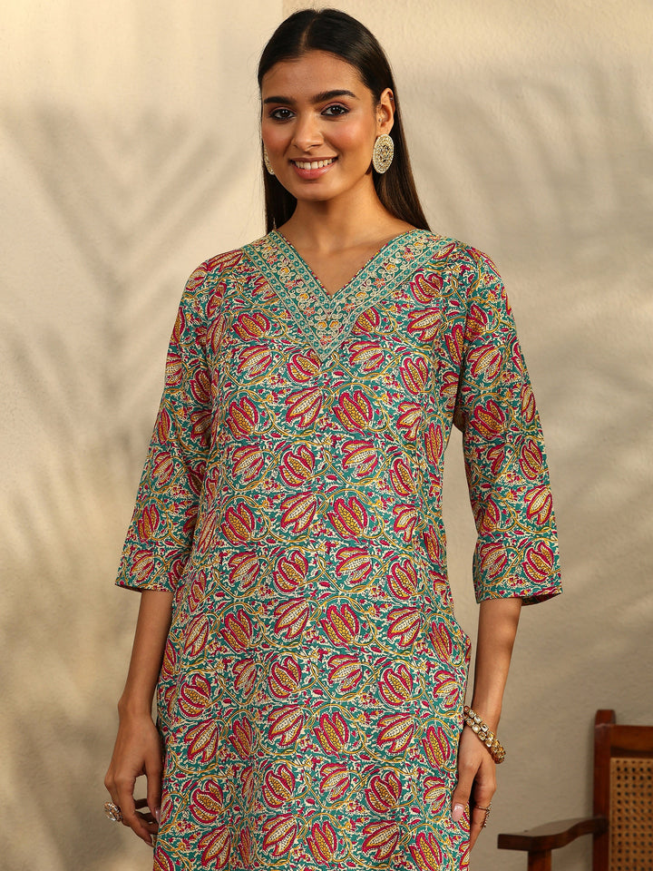 Blue Printed Cotton Blend Straight Suit Set With Dupatta