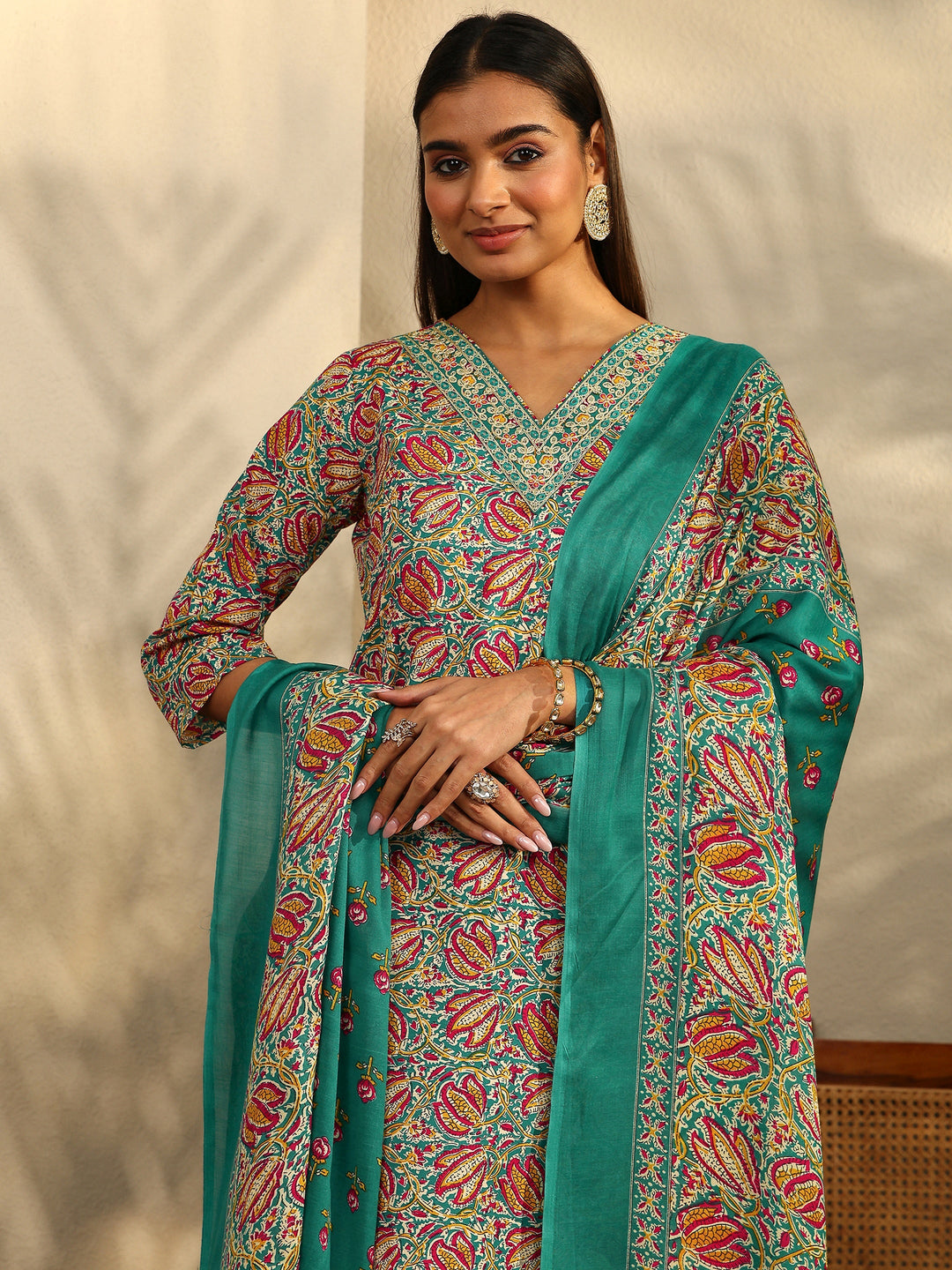 Blue Printed Cotton Blend Straight Suit Set With Dupatta