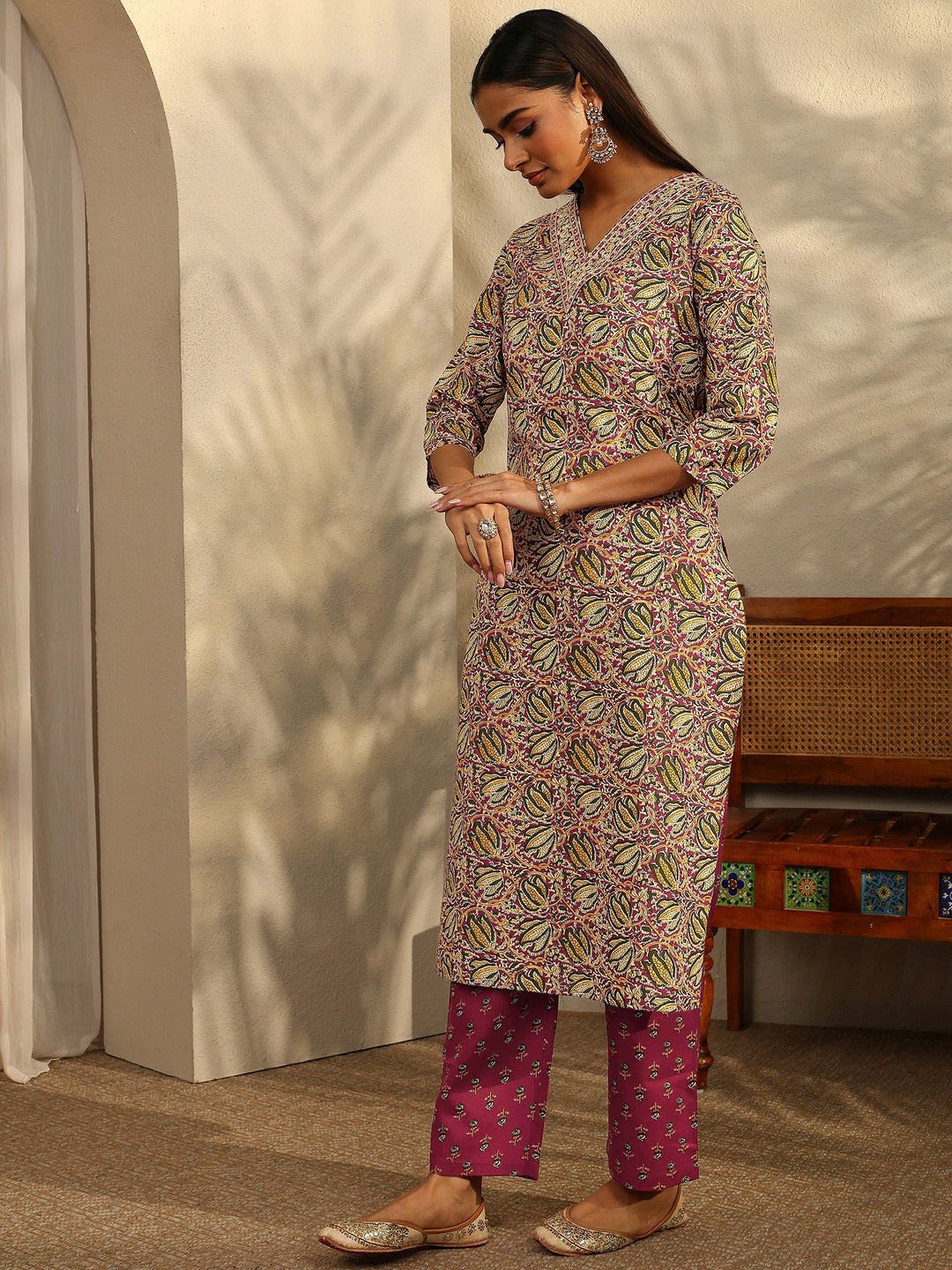 Maroon Printed Cotton Blend Straight Suit Set With Dupatta