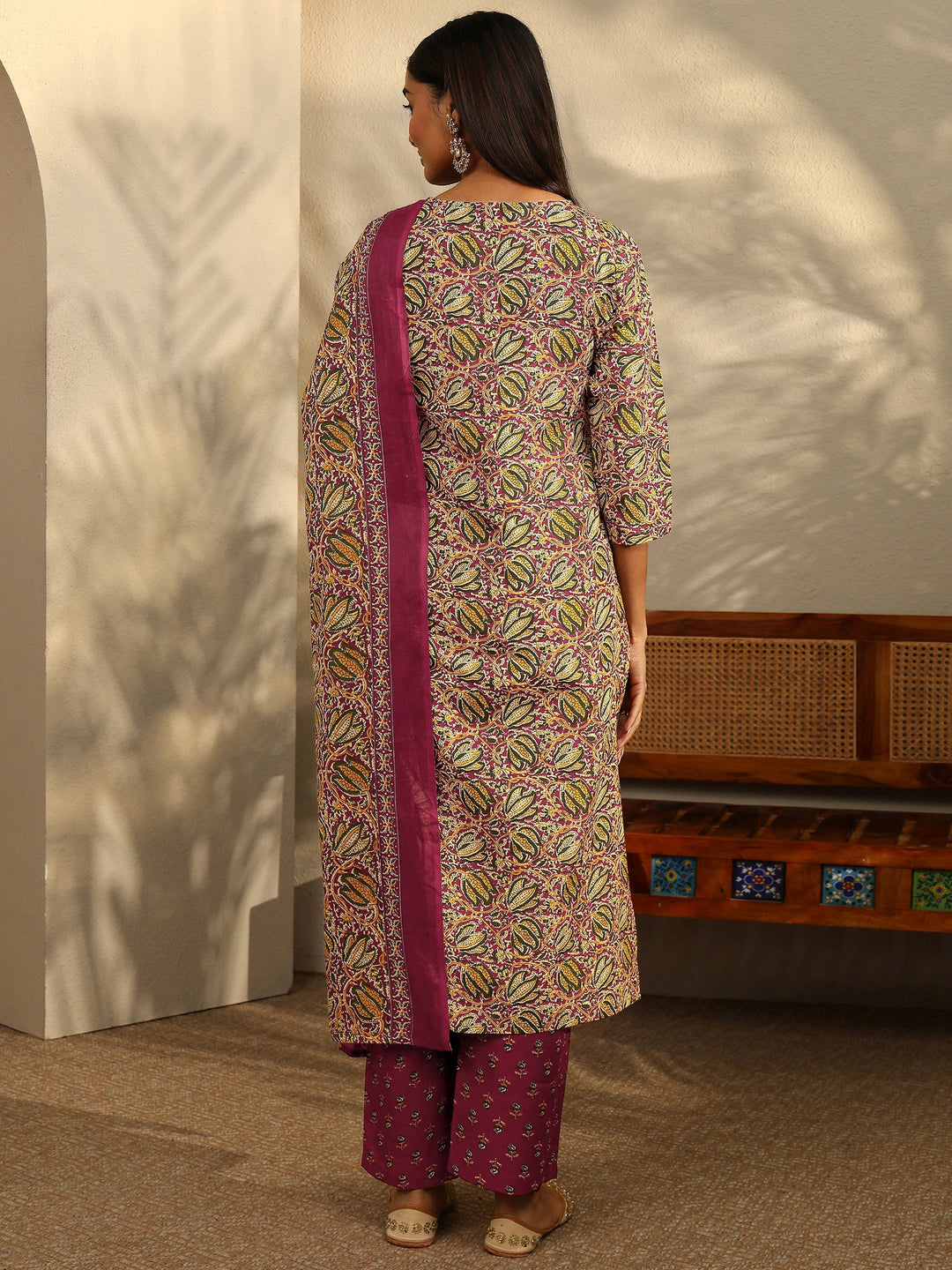 Maroon Printed Cotton Blend Straight Suit Set With Dupatta