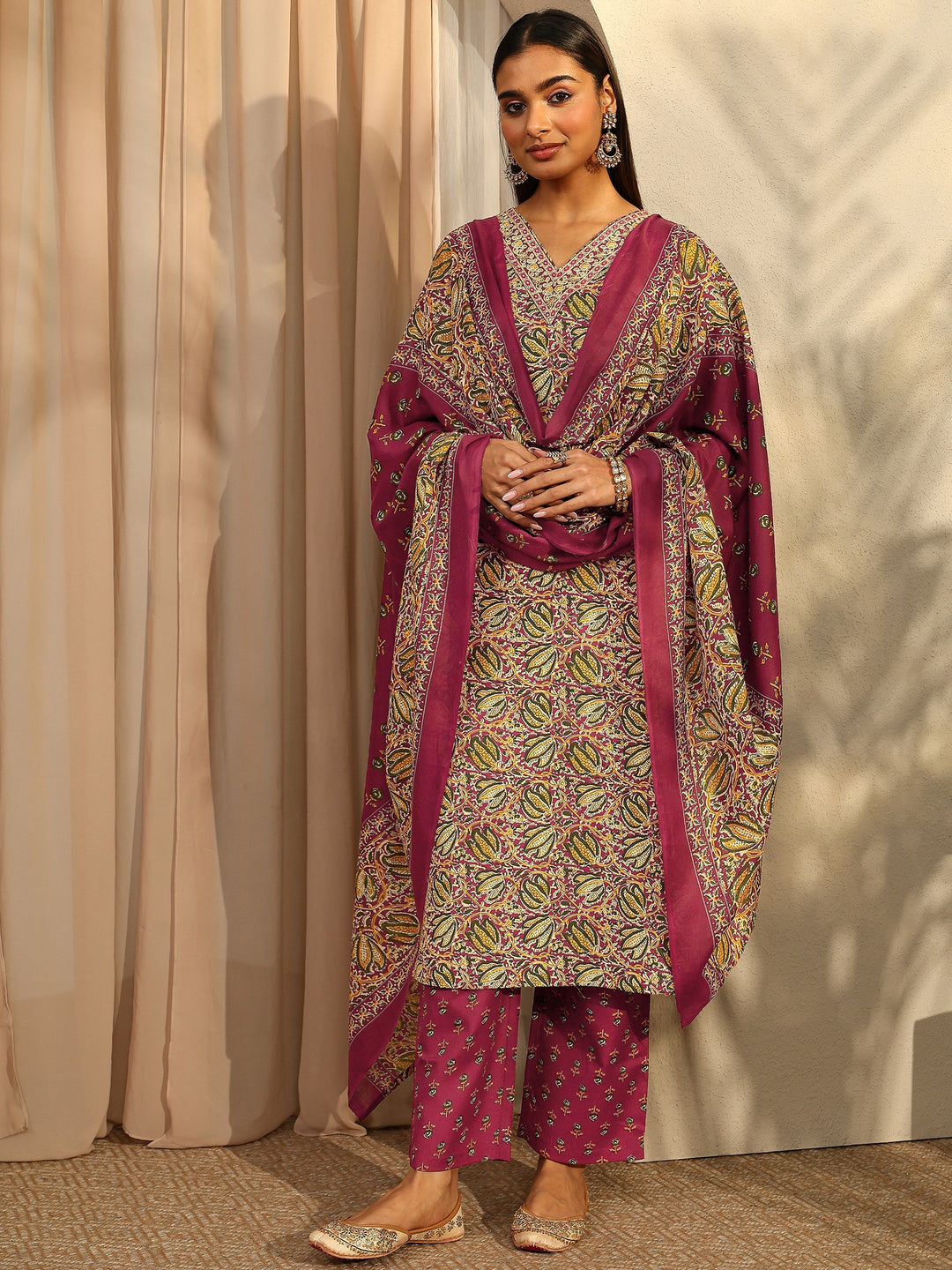 Maroon Printed Cotton Blend Straight Suit Set With Dupatta