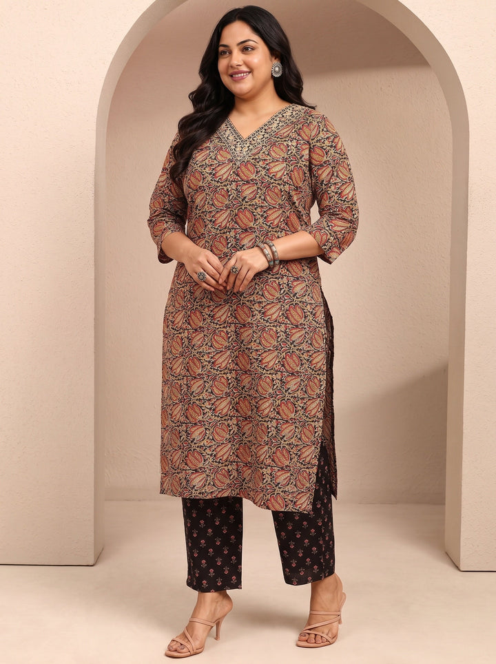 Plus Size Black Printed Cotton Blend Straight Suit Set With Dupatta