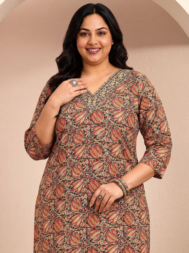 Plus Size Black Printed Cotton Blend Straight Suit Set With Dupatta